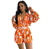 Tineit Women Two Piece Shorts Suits Chic Print Turn Down Collar Long Sleeve Single Breasted Shirts Loose Set Elegant Office Lady summer