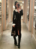 Black Friday Tineit Ruffled High Waist Knitted Long Dress For Women Elegant Slim Rib Sweater Maxi Dresses Button Female Retro Autumn Winter