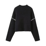 Black Friday Tineit Contrast Patchwork Topstitch Sweater Female Pullovers 2024 Autumn Round Collar Warm Knitted Top Chic Long Sleeve Loose