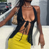 Tineit Vintage Knitted Front Tie Up Tank Vest Beach Crochet Hollow Out Halter Tops Women Sexy Backless Crop Tops Y2K Summer Holiday