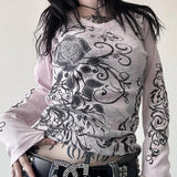 Tineit Women Gothic Vintage Y2K T-Shirts Floral Print V-Neck T-Shirts Casual Slim Fit Pullovers Tops Cyber Grunge Streetwear