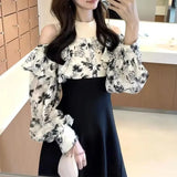 Tineit Fake Two Ruffled Vestidos Flocking Print Vestido Off Shoulder Dress Japan Back Bandage A-line Dresses Spring 2025 Ropa Mujer