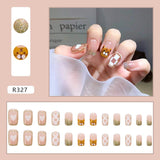 Tineit-Fall nails Christmas nails 24pcs Press on False Nails Set Cartoon Animal Decal Fake Nails Art  Full Cover Artificial Short Nail Tips With Wearing Tools