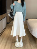 Tineit Corduroy Long Mermaid Skirt Women Autumn High Waist Ruffles Midi Skirts Female Korean Fashion Elegant Elastic Black A-line Skirt