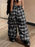 Tineit Y2k Streetwear Oversize Plaid Pants Aesthetical Elastic Waist Pockets Straight Loose Cargo Trousers Casual Chic Women