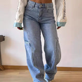 Tineit Spliced Wide Leg Denim Pants High Waist Jeans Women Ankle Length Jean Washed Loose Fit Pockets Zipper Fly Basics Solid 2024