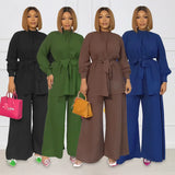 Tineit Two Piece Sets Women Solid Blouse Wide Leg Pants Suit Tops Tight Waist Sashes Trousers Loose Ensemble Temperament Outfits