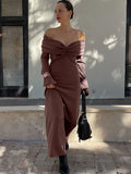 Black Friday Tineit Elegant Brown Knitted Long Dress For Women One-shoulder Ruched Sexy Sweater Dress Slim Plunge Club Party Dress Female