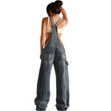 Tineit Jumpsuits Women Jeans Overalls Sexy Backless Vintage Full Length Denim Straight Pants Loose Pockets Distressed Washed Casual