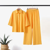 Tineit Two Piece Sets Women Shirt Turndown Collar Buttons Solid Colour Blouses Wide Leg Straight Pants Suit 2024 Casual Ensemble