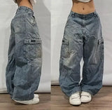 Tineit American Retro Jean Y2K New Harajuku Style High Street Hip Hop Men And Women Pocket Loose Jeans Gothic High Waist Denim Trousers