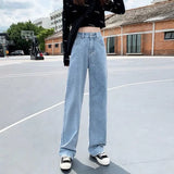 Tineit American New Blue Loose Jeans Female Y2K Gothic Harajuku Retro Hiphop Print Jeans Casual Oversized Hip-hop Street Wide-leg Pants