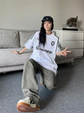 Tineit Sporty Oversized T Shirt Women Letters Print Streetwear Harajuku Short Sleeve Cargo Tops Hippie Loose Y2k Clothes Summer