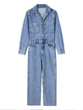 Tineit Autumn Denim Jumpsuit for Women Overalls Woman Jean Overalls Long Sleeve Elegant Jumpsuits Y2k Streetwear 2024 Turn Down Collar