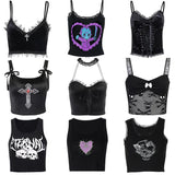 Tineit Harajuku Grunge Corset Crop Top Lace Trim Sleeveless Tank Top Gothic Black Emo Alt Clothes y2k Punk Vest Women Streetwear