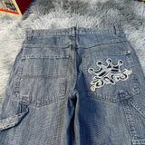 Tineit JNCO Crown Graphic Embroidery Retro Wash Jeans Y2k Punk High Waist Blue Denim Pants Gothic Men Women Straight Leg Trousers