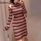 Tineit Hit Color Striped Knit Vestidos Mujer Japan Women 2025 Dresses Off Shoulder Long Sleeve Dress O-neck Vestido Autumn New Robes