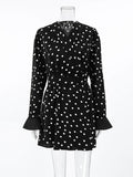 Black Friday Tineit Fashion Dot Lace Up Dress Female Puff Sleeve A-Line Hem Dress Office Lady Elegant Slim Dresses High Street Autumn 2024