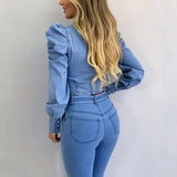 Tineit Denim Blue Women blouse Round Neck Puff Sleeve Corset Top Long Sleeve Shirt Sexy Tops Blouses Denim Top Shirt Sweetheart Slim