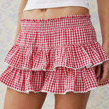 Tineit Women Aesthetic Plaid Gingham Ruffle Mini Skirt High Waist Pleated Tiered A Line Short Skirts y2k Boho Layered Beach Skirts