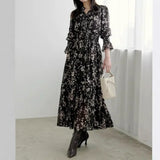 Tineit  Lace-up Print Vestidos Japan Sweet Women 2025 Vestido V-neck Puff Long Sleeve Dresses High Waist A-line Dress Autumn Clothing