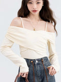 Tineit Sexy Off Shoulder T Shirt Women Spring Long Sleeve Backless Tops Ladies Korean Fashion Ulzzang Hotsweet Slim Y2k Aesthetic Tees