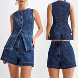 Tineit Denim Short Sets Single Breasted Sleeveless Vest Two Pieces Pockets Zipper Fly Shorts Loose Solid Washed Vintage Basics