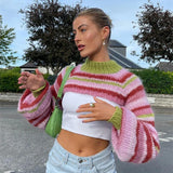 Tineit Y2K Vintage Striped Loose Long Sleeves Pullover Crop Tops Chic Women Knitted Shrug Sweater 00s Retro Smock T-shirt Streetwear