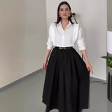 Tineit Two Piece Skirt Set Women Shirts Turndown Collar Blouses Long Skirts Solid Colour Suit Temperament Sets Office Lady Outfits