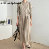 Tineit  Pleated Vestidos Mujer Strap Vestido Korean Chic Ropa Mujer Spring Dresses Women with O-neck Drawstring Pullover Sweater