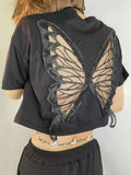 Tineit- Harajuku Lace Butterfly Crop Tshirts Women Vintage Streetwear Sexy Black Mesh Tops Aesthetic Hollow Grunge Tees Summer