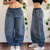 Tineit Street Vintage Jeans New Y2K Harajuku Wash Blue Multiple pockets Baggy Jeans Denim Pants Mens Womens High Waist Wide Trousers