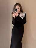 Tineit Lace Knit Vestidos Stand Collar Long Sleeve Dress Bandage Vestido Japanese High Waist Dresses Spring 2025 New Ropa Mujer