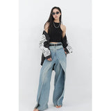 Tineit American Retro High Waist Oversized Jeans For Women Casual Baggy Y2K Wide Leg Pants Grunge Streetwear Blue Denim Trouser