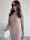 Black Friday Tineit TARXUXY Long Sleeve Knitted Dress For Women Autumn Winter Slim Sexy Striped Sweater Long Dresses Female Elegant Party Clothes