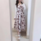 Tineit  Japanese Flower Print Vestidos Mujer High Waist A-line Women Dresses Tank Dress Square Collar Vestido 2025 Lace-up Robes