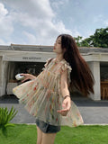 Tineit Elegant Floral Print Chiffon Beautiful Blouse Women Flying Sleeve Shirt Spring Summer Fairycore Pleated Tops Aesthetic