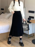 Tineit Corduroy Long Mermaid Skirt Women Autumn High Waist Ruffles Midi Skirts Female Korean Fashion Elegant Elastic Black A-line Skirt