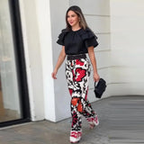 Tineit Two Pieces Pant Sets Print Pullover Tops Wide Leg Pants Loose Casual Women Matching Sets Ruffles 2024 Pockets Ankle Length