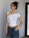 Tineit Sexy Skew Collar T Shirts for Women Asymmetric Short Sleeve Design Crop Tops Summer Streetwear Fashion Clothes Aesthetic