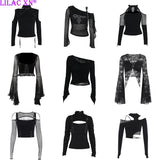 Tineit Goth Sexy Lace Flared Long Sleeve Corset Crop Tops Women Aesthetic Black Velvet V-Neck T-shirts Y2K Vintage Tops Tees Streetwear