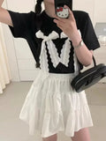 Tineit Black Bow Lace Up T Shirts for Women O-neck Short Sleeve Loose Casual Tops Korean Fashion Chic Aesthetic Clothing Summer