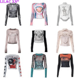 Tineit Y2K Sexy Lace Mesh See Through T-Shirts Goth Graphic Print Long Sleeve Knit Patchwork Tops Vintage Women Summer Streetwear