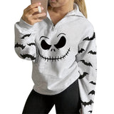 Tineit Joskka Halloween Smiling Face Bat Print Women Sweatshirt Zipper Lapel Top Autumn Long Sleeve Fashion Casual Halloween Sweatshirt