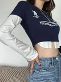 Tineit Letter Print Graphic T Shirt Women Spring Summer Long Sleeve Crop Top Korean Fashion Casual Slim Fake Two Pieces Y2k Streetwear