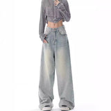 Tineit Full Length Women Jeans Vintage Distressed Wide Leg Pants Denim Wash Loose Fit 2024 Summer Pockets Solid Spliced High Waist