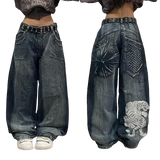 Tineit Streetwear New Oversized Geometric Print Washed Pocket Straight High-waisted Jeans Female Y2K Fashion Harajuku Lazy Wide Pants