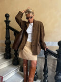 Tineit Retro Brown Lapel With Pocket Jacket Woman Fashion Buttons Long Sleeve Short Coat 2024 Female Autumn High Street Outwear