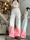 Tineit Women's Palazzo Pants Y2k Pink Fashion Gradient High Waist Wide Leg Jeans Streetwear Baggy Vintage Mujer Denim Trousers