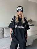 Tineit Sporty Oversized T Shirt Women Letters Print Streetwear Harajuku Short Sleeve Cargo Tops Hippie Loose Y2k Clothes Summer